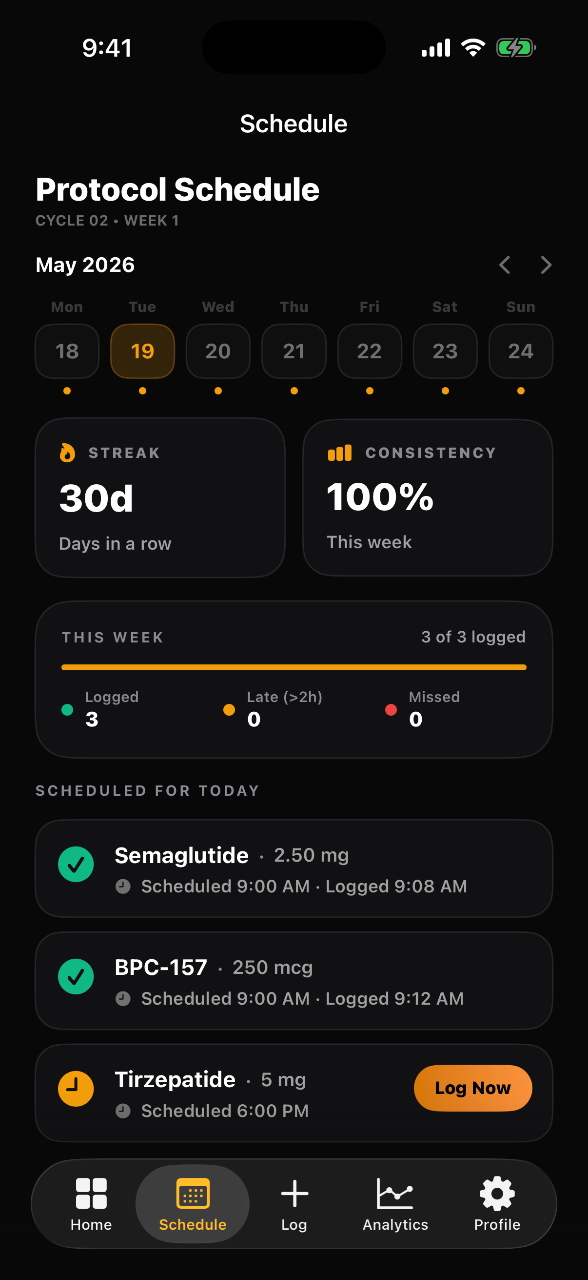 Peptide Stack Tracker app screenshot showing protocol schedule